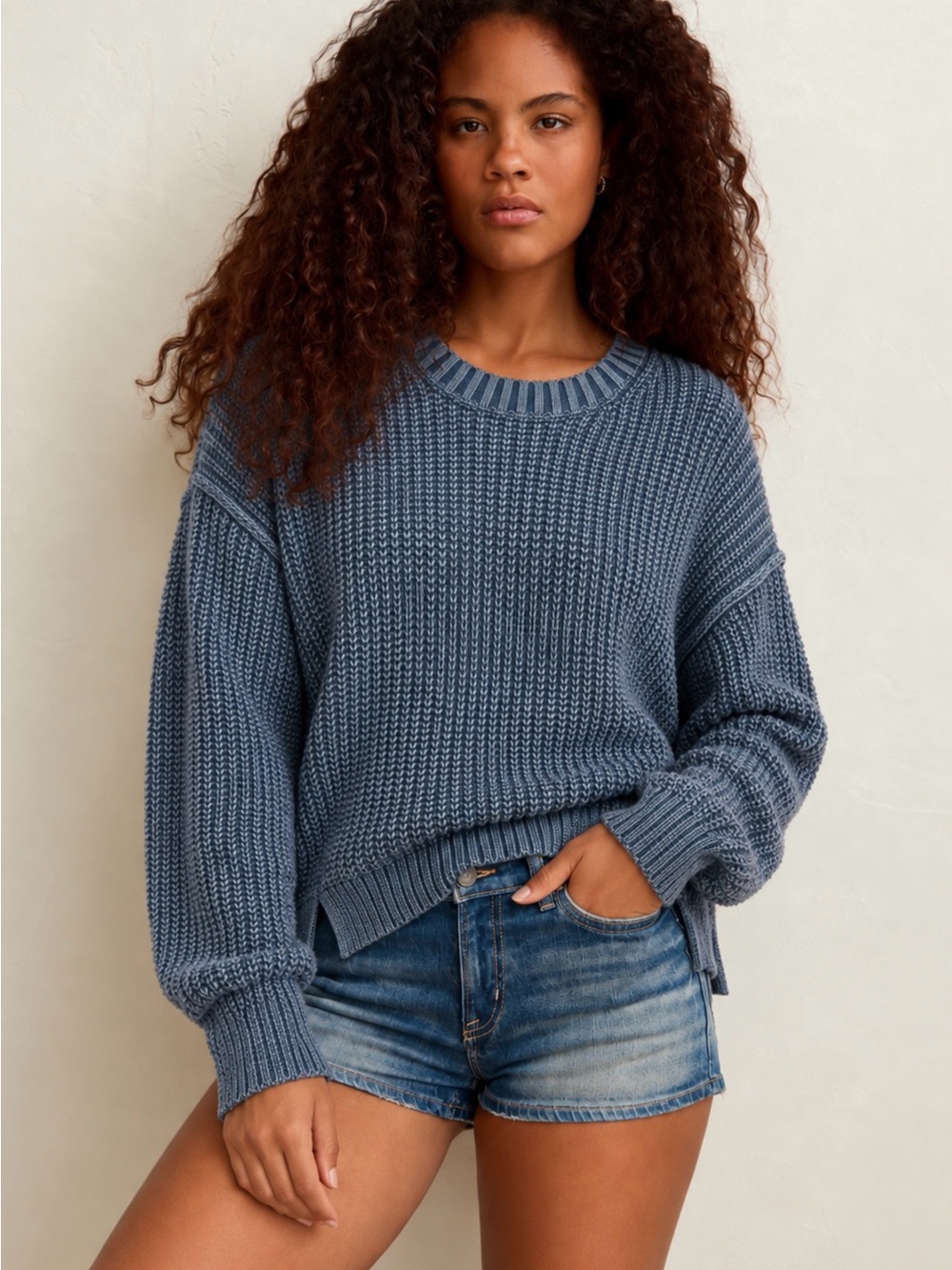 American Eagle Outfitters Washed Blue Crewneck Sweater